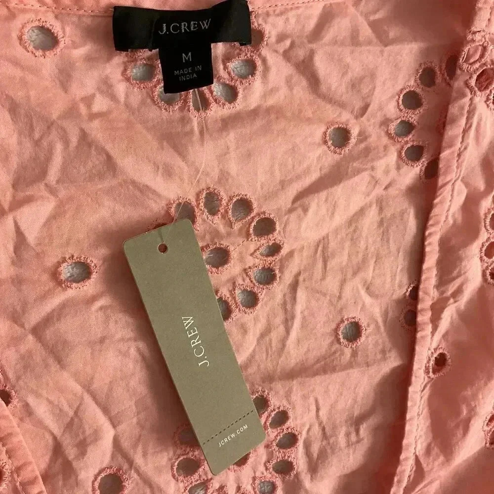 NWT J.Crew Pink Eyelet Lace Vneck Ruffled Hem Mini Dress Medium - Picture 2 of 6